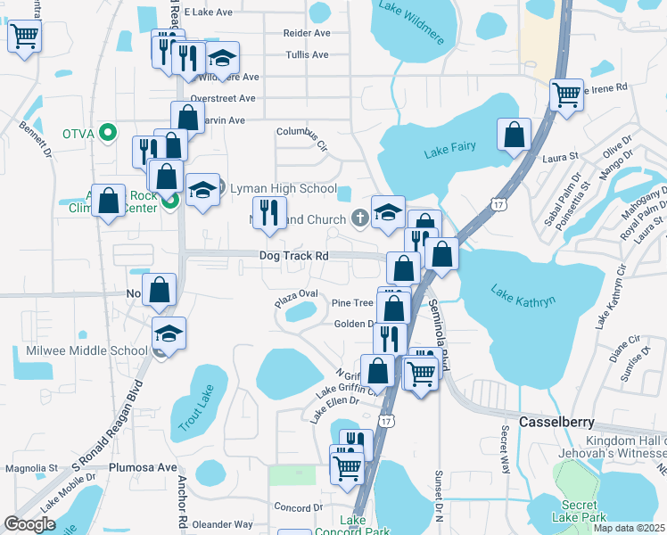 map of restaurants, bars, coffee shops, grocery stores, and more near 455-499 Dog Track Road in Longwood
