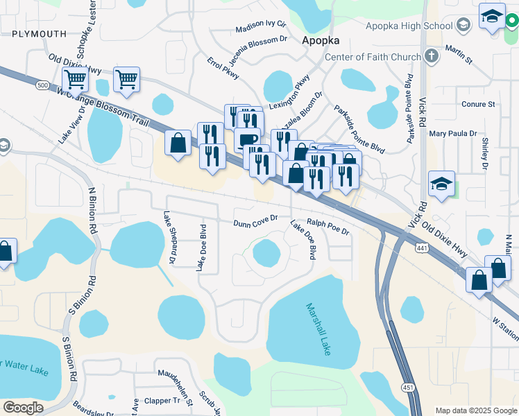 map of restaurants, bars, coffee shops, grocery stores, and more near 398 Lake Hill Place in Apopka