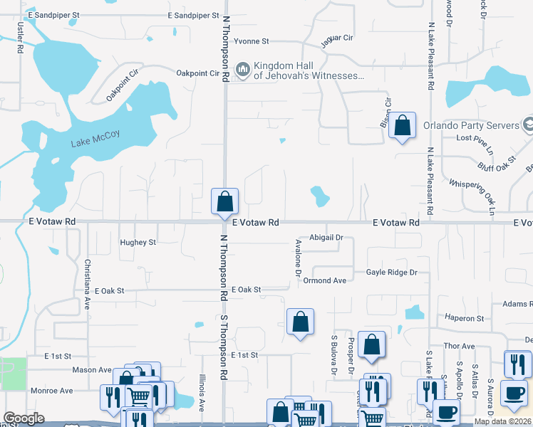 map of restaurants, bars, coffee shops, grocery stores, and more near 1303 Votaw Road in Apopka