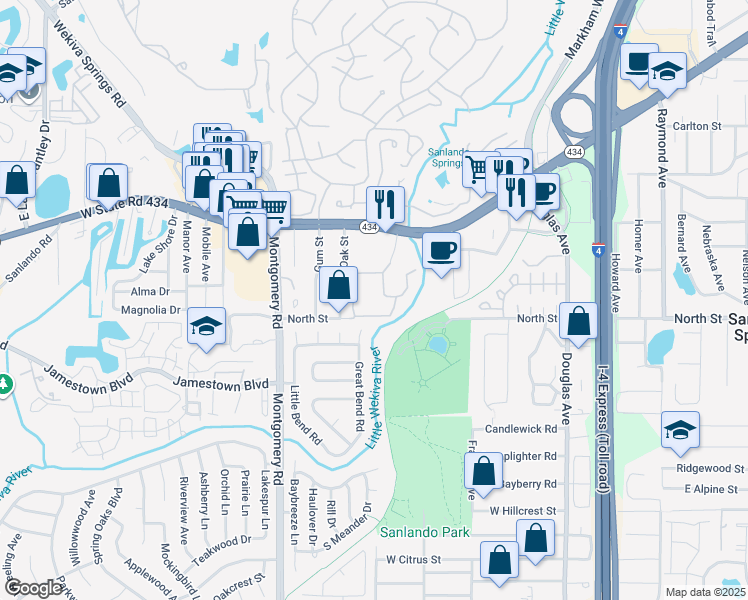 map of restaurants, bars, coffee shops, grocery stores, and more near 1055 Kensington Park Drive in Altamonte Springs