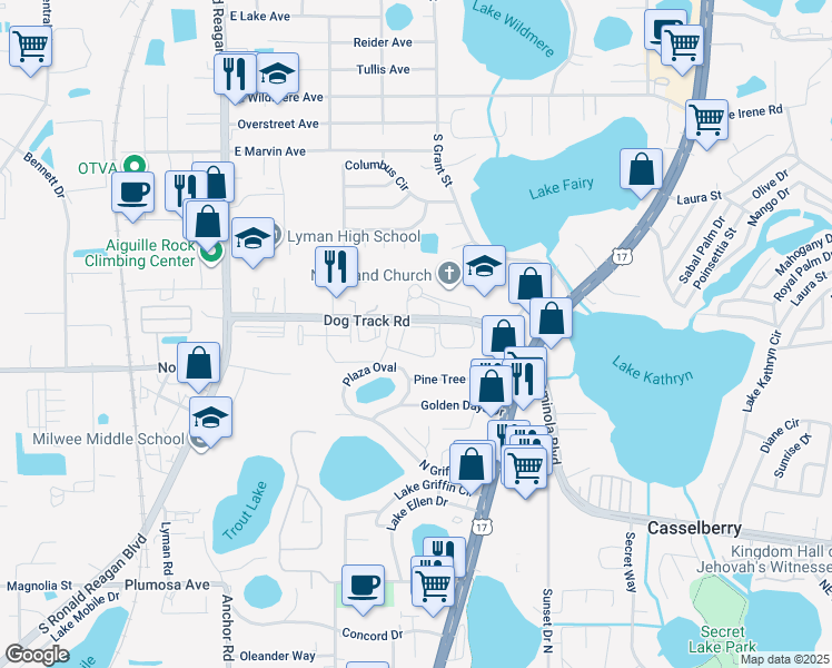 map of restaurants, bars, coffee shops, grocery stores, and more near 375 Summer Cypress Cove in Longwood