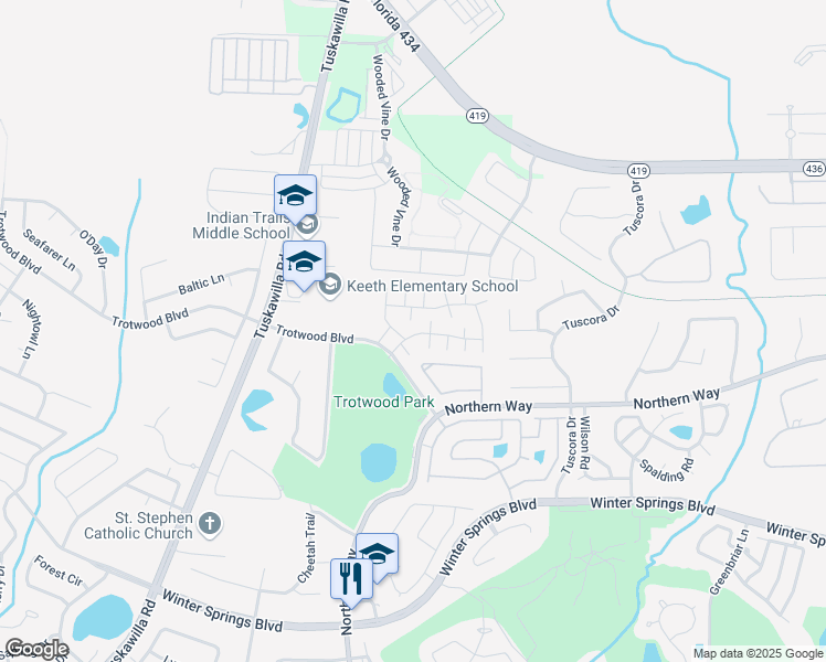 map of restaurants, bars, coffee shops, grocery stores, and more near 1322 Casa Park Circle in Winter Springs