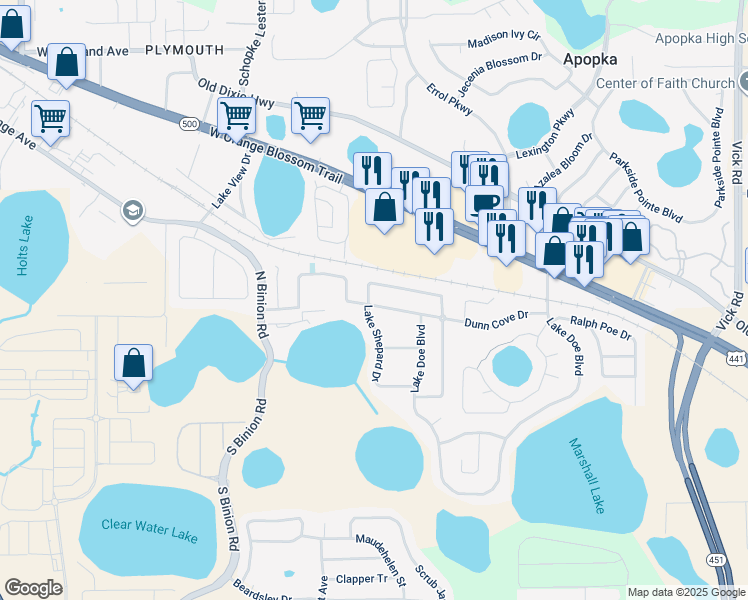 map of restaurants, bars, coffee shops, grocery stores, and more near 1769 Dunn Cove Drive in Apopka