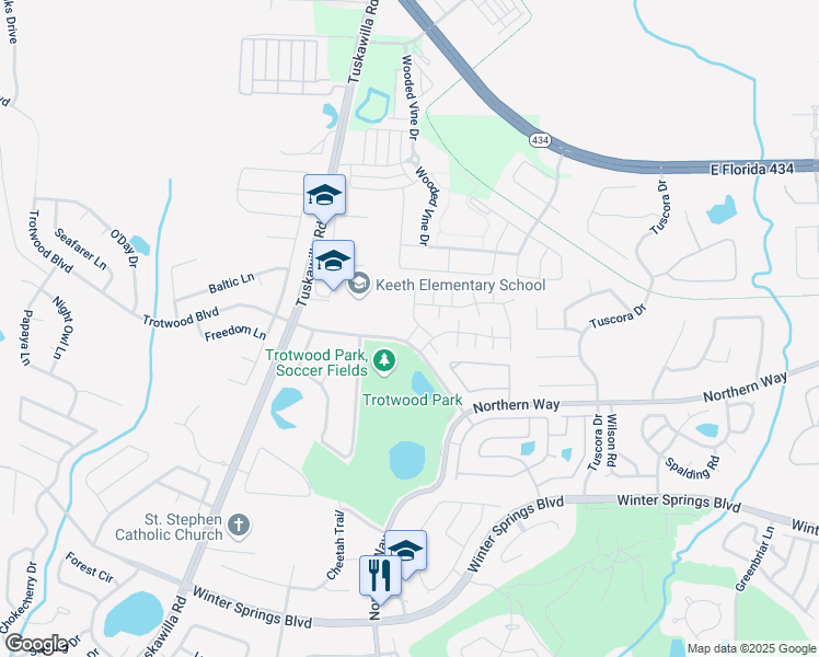 map of restaurants, bars, coffee shops, grocery stores, and more near 1534 Casa Park Circle in Winter Springs