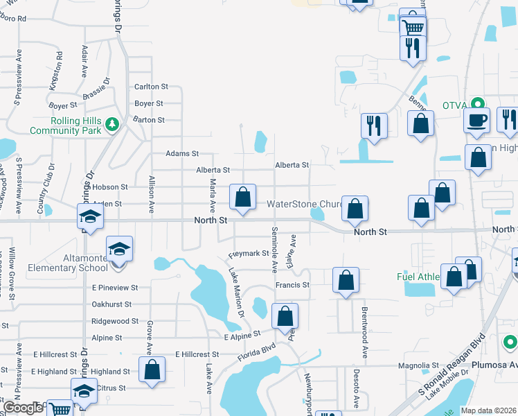 map of restaurants, bars, coffee shops, grocery stores, and more near 1031 Arden Street in Longwood