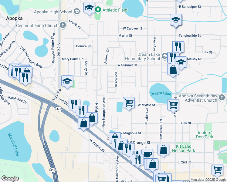 map of restaurants, bars, coffee shops, grocery stores, and more near 353 Comfort Drive in Apopka