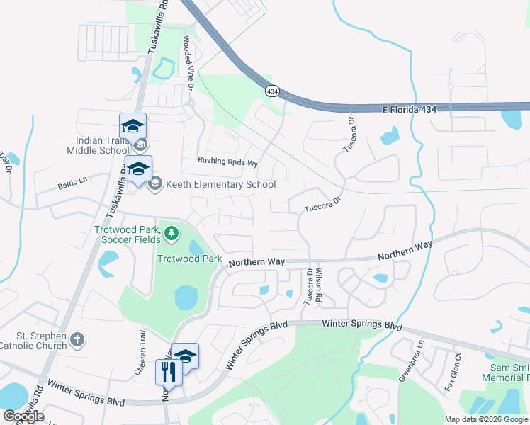 map of restaurants, bars, coffee shops, grocery stores, and more near 1377 Blue Spruce Court in Winter Springs