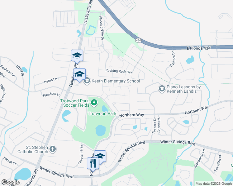 map of restaurants, bars, coffee shops, grocery stores, and more near 613 Casa Park G Court in Winter Springs