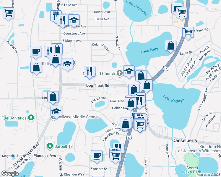 map of restaurants, bars, coffee shops, grocery stores, and more near 455-499 Dog Track Road in Longwood