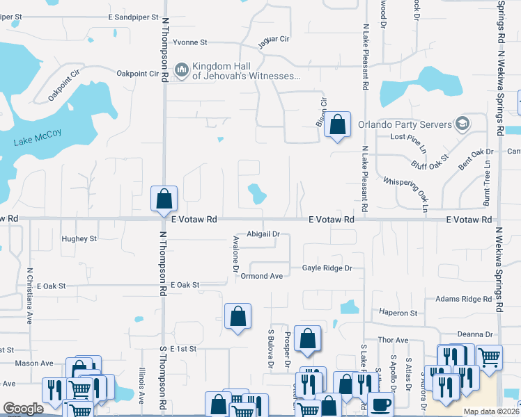 map of restaurants, bars, coffee shops, grocery stores, and more near 1401-1451 East Votaw Road in Apopka