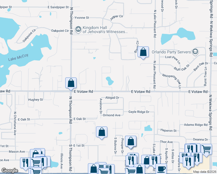 map of restaurants, bars, coffee shops, grocery stores, and more near 1401-1451 East Votaw Road in Apopka
