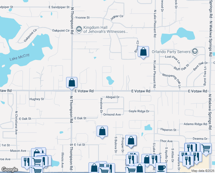 map of restaurants, bars, coffee shops, grocery stores, and more near 1401-1451 East Votaw Road in Apopka