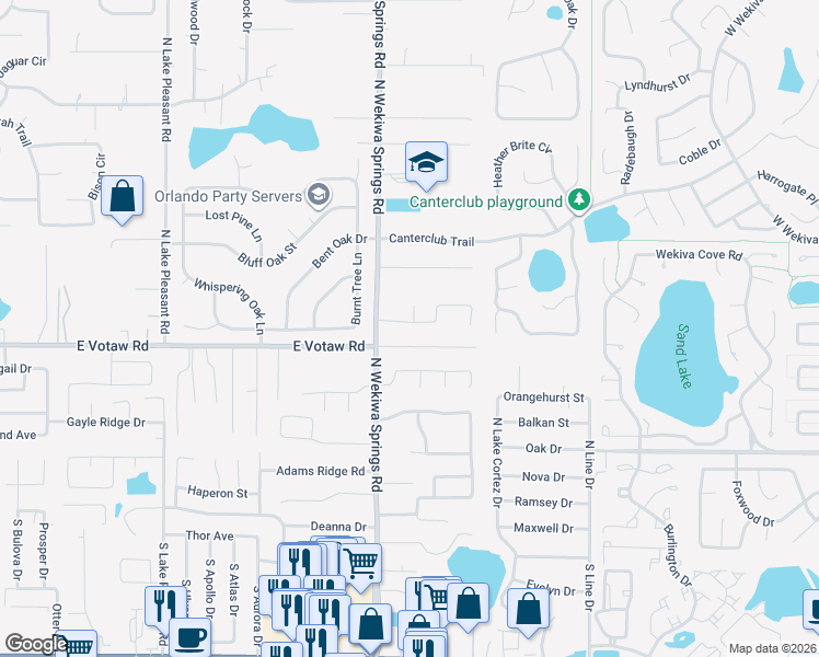 map of restaurants, bars, coffee shops, grocery stores, and more near 2324 Dresden Trail in Apopka