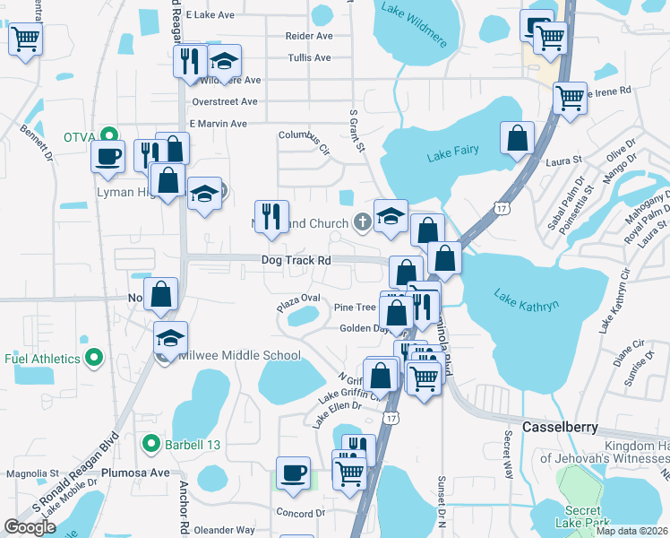 map of restaurants, bars, coffee shops, grocery stores, and more near 375 Summer Cypress Cove in Longwood