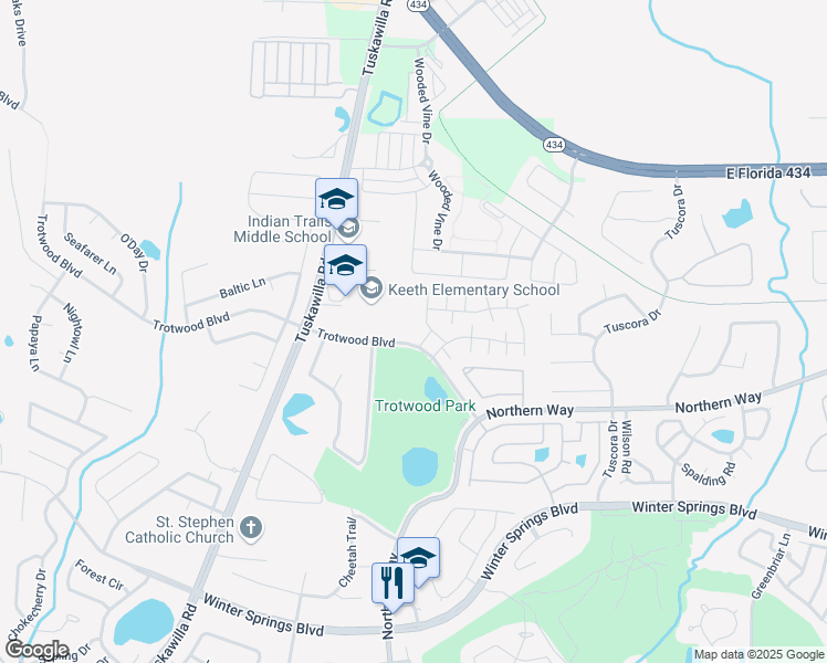map of restaurants, bars, coffee shops, grocery stores, and more near 425 Tuskawilla Road in Winter Springs