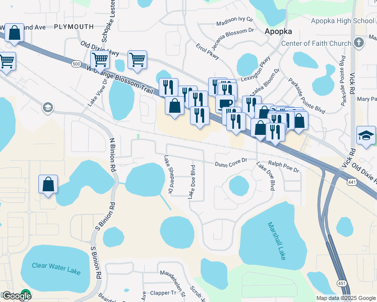 map of restaurants, bars, coffee shops, grocery stores, and more near 472 Yearling Cove Loop in Apopka
