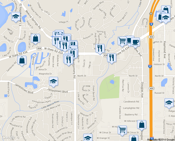 map of restaurants, bars, coffee shops, grocery stores, and more near 124 Oak St in Altamonte Springs