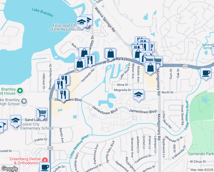 map of restaurants, bars, coffee shops, grocery stores, and more near 118 Mohawk Avenue in Altamonte Springs