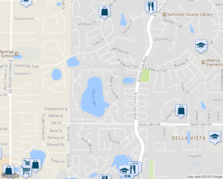 map of restaurants, bars, coffee shops, grocery stores, and more near 393 Wekiva Cove Road in Longwood