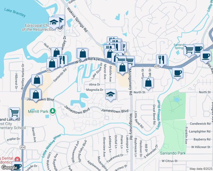 map of restaurants, bars, coffee shops, grocery stores, and more near 181 Manor Avenue in Altamonte Springs