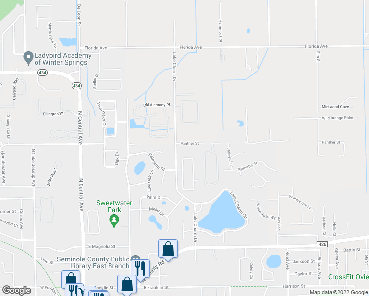 map of restaurants, bars, coffee shops, grocery stores, and more near 1006 Panther Street in Oviedo