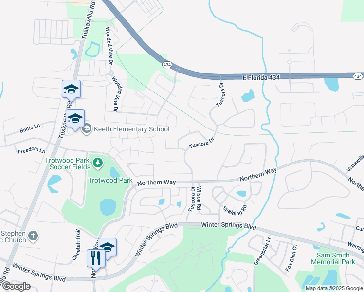 map of restaurants, bars, coffee shops, grocery stores, and more near 1388 Blue Spruce Court in Winter Springs