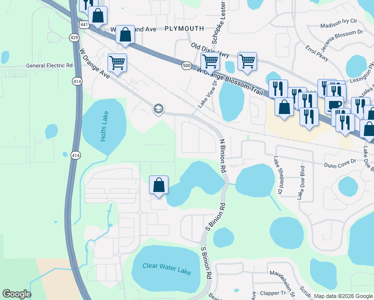 map of restaurants, bars, coffee shops, grocery stores, and more near 2367 Pickford Circle in Apopka