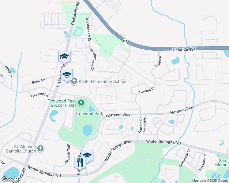 map of restaurants, bars, coffee shops, grocery stores, and more near 1370 Casa Park Circle in Winter Springs