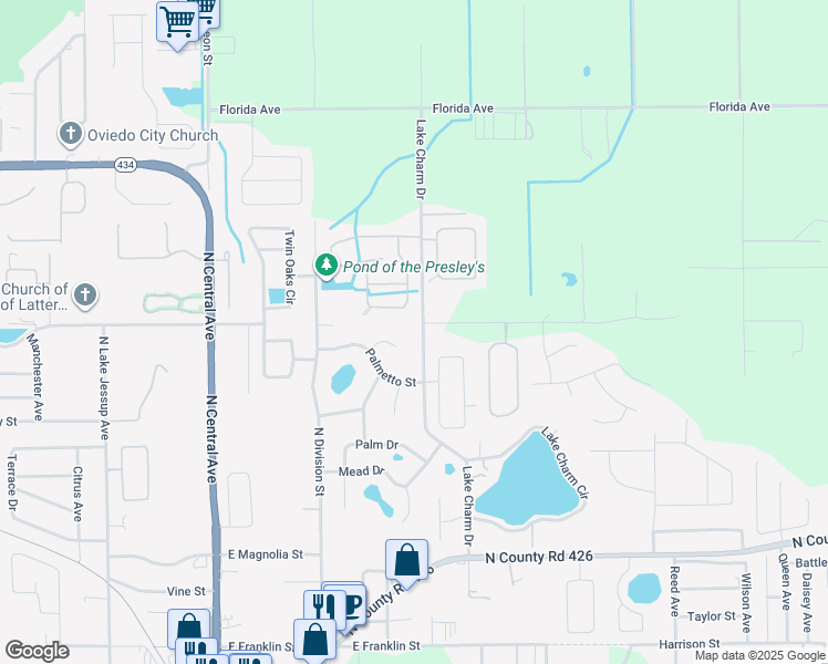 map of restaurants, bars, coffee shops, grocery stores, and more near 985 Lake Charm Drive in Oviedo