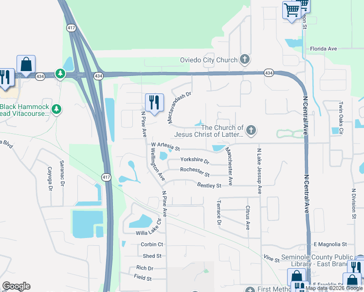 map of restaurants, bars, coffee shops, grocery stores, and more near 606 West Artesia Street in Oviedo