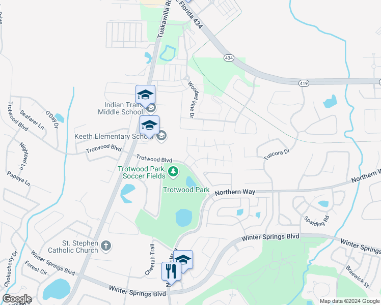 map of restaurants, bars, coffee shops, grocery stores, and more near 1534 Casa Park Circle in Winter Springs