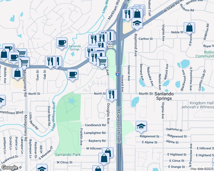 map of restaurants, bars, coffee shops, grocery stores, and more near 1001 Douglas Avenue in Altamonte Springs