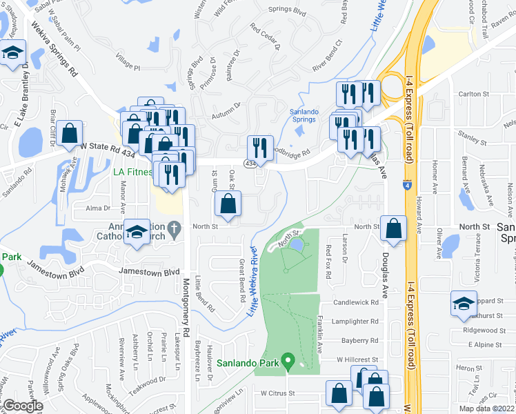 map of restaurants, bars, coffee shops, grocery stores, and more near 1074 Kensington Park Drive in Altamonte Springs