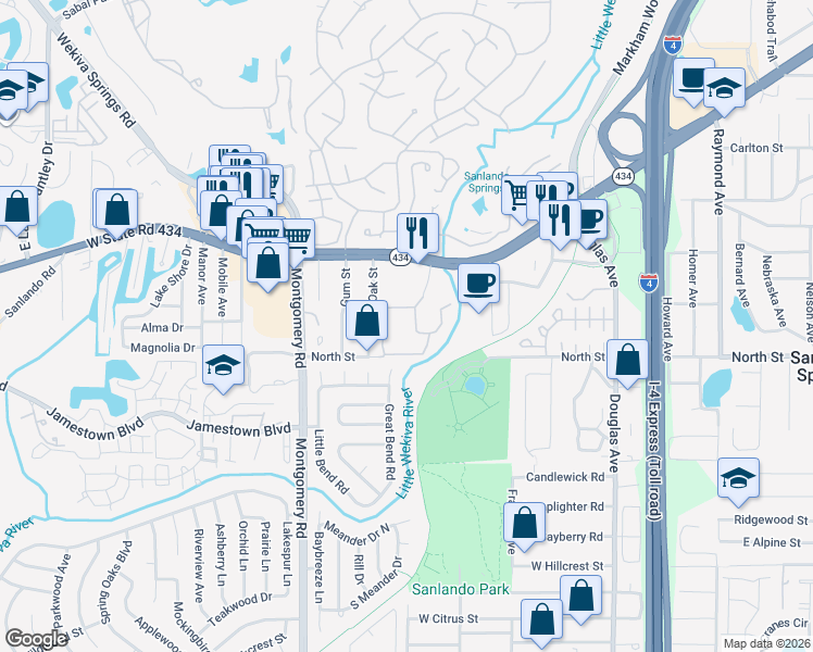 map of restaurants, bars, coffee shops, grocery stores, and more near 1055 Kensington Park Drive in Altamonte Springs