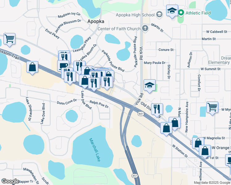 map of restaurants, bars, coffee shops, grocery stores, and more near 943 West Orange Blossom Trail in Apopka