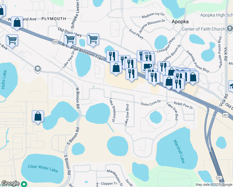 map of restaurants, bars, coffee shops, grocery stores, and more near 1769 Dunn Cove Drive in Apopka