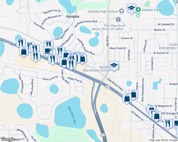 map of restaurants, bars, coffee shops, grocery stores, and more near 943 West Orange Blossom Trail in Apopka