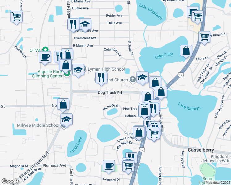 map of restaurants, bars, coffee shops, grocery stores, and more near 455 Dog Track Road in Longwood