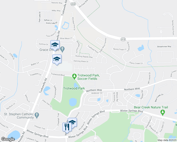 map of restaurants, bars, coffee shops, grocery stores, and more near 699 Casa Park North Court in Winter Springs