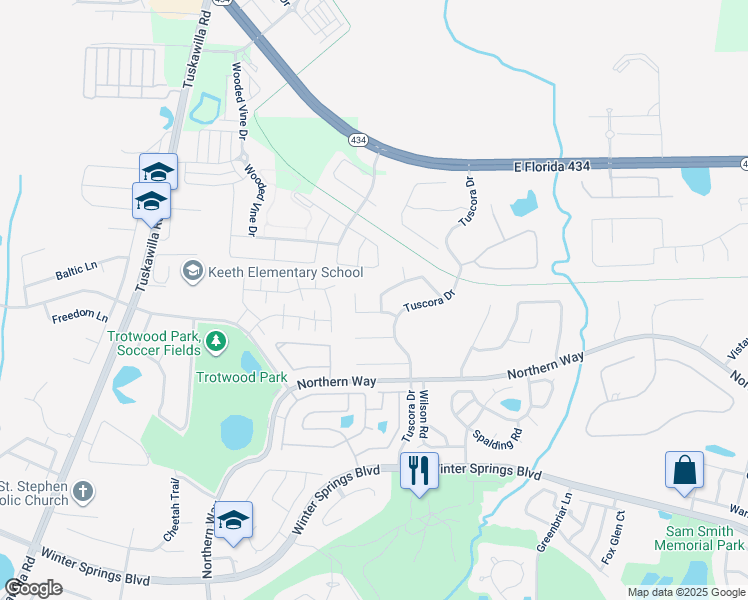 map of restaurants, bars, coffee shops, grocery stores, and more near 1388 Blue Spruce Court in Winter Springs
