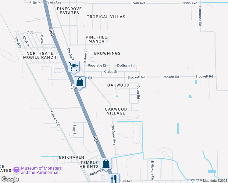 map of restaurants, bars, coffee shops, grocery stores, and more near 3120 Kinsley Road in Mims