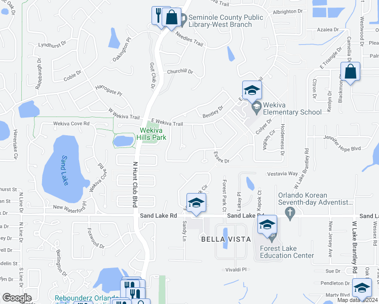 map of restaurants, bars, coffee shops, grocery stores, and more near 215 Cambridge Drive in Longwood