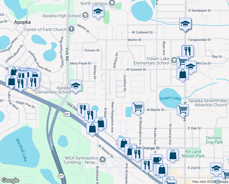 map of restaurants, bars, coffee shops, grocery stores, and more near 360 Breezeway Drive in Apopka