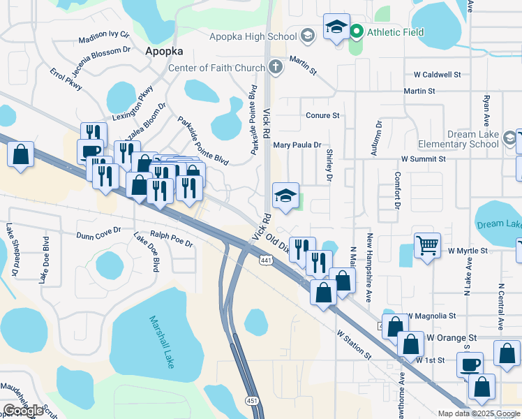 map of restaurants, bars, coffee shops, grocery stores, and more near 405 Ashley Brooke Court in Apopka