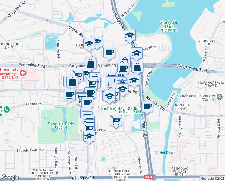map of restaurants, bars, coffee shops, grocery stores, and more near Nan Jing Xi Lu in Nanchang Shi