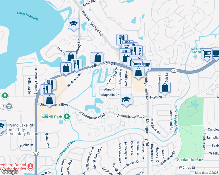 map of restaurants, bars, coffee shops, grocery stores, and more near 133 Alma Drive in Altamonte Springs