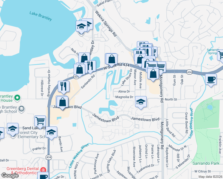 map of restaurants, bars, coffee shops, grocery stores, and more near 169 Alma Drive in Altamonte Springs