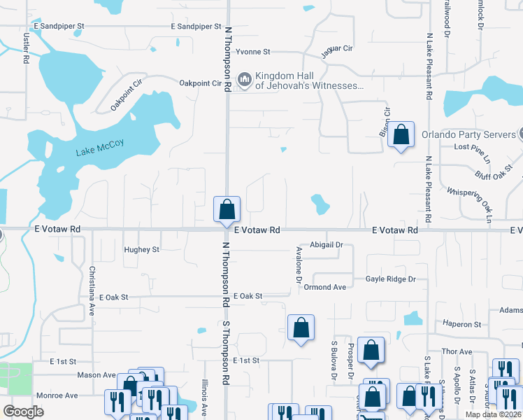 map of restaurants, bars, coffee shops, grocery stores, and more near 1303 Votaw Road in Apopka