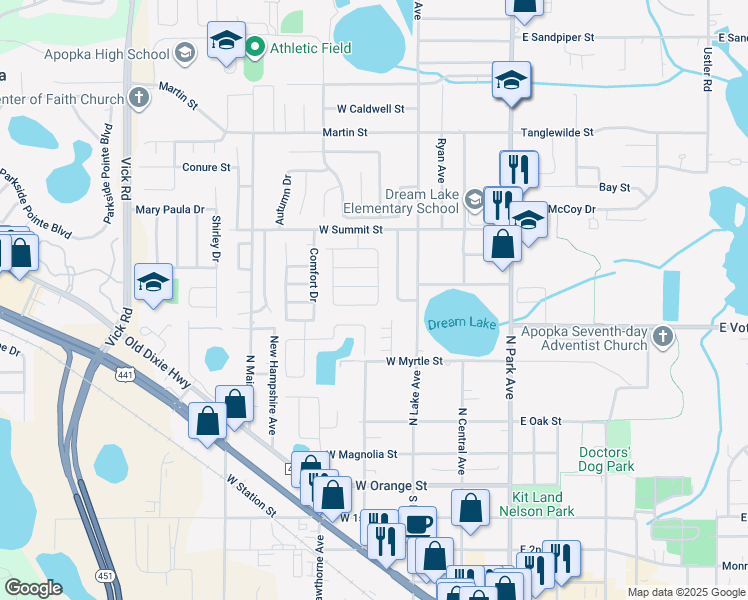 map of restaurants, bars, coffee shops, grocery stores, and more near 203 Sharp Street in Apopka
