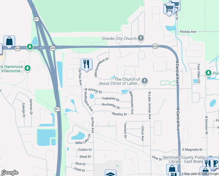 map of restaurants, bars, coffee shops, grocery stores, and more near 606 West Artesia Street in Oviedo